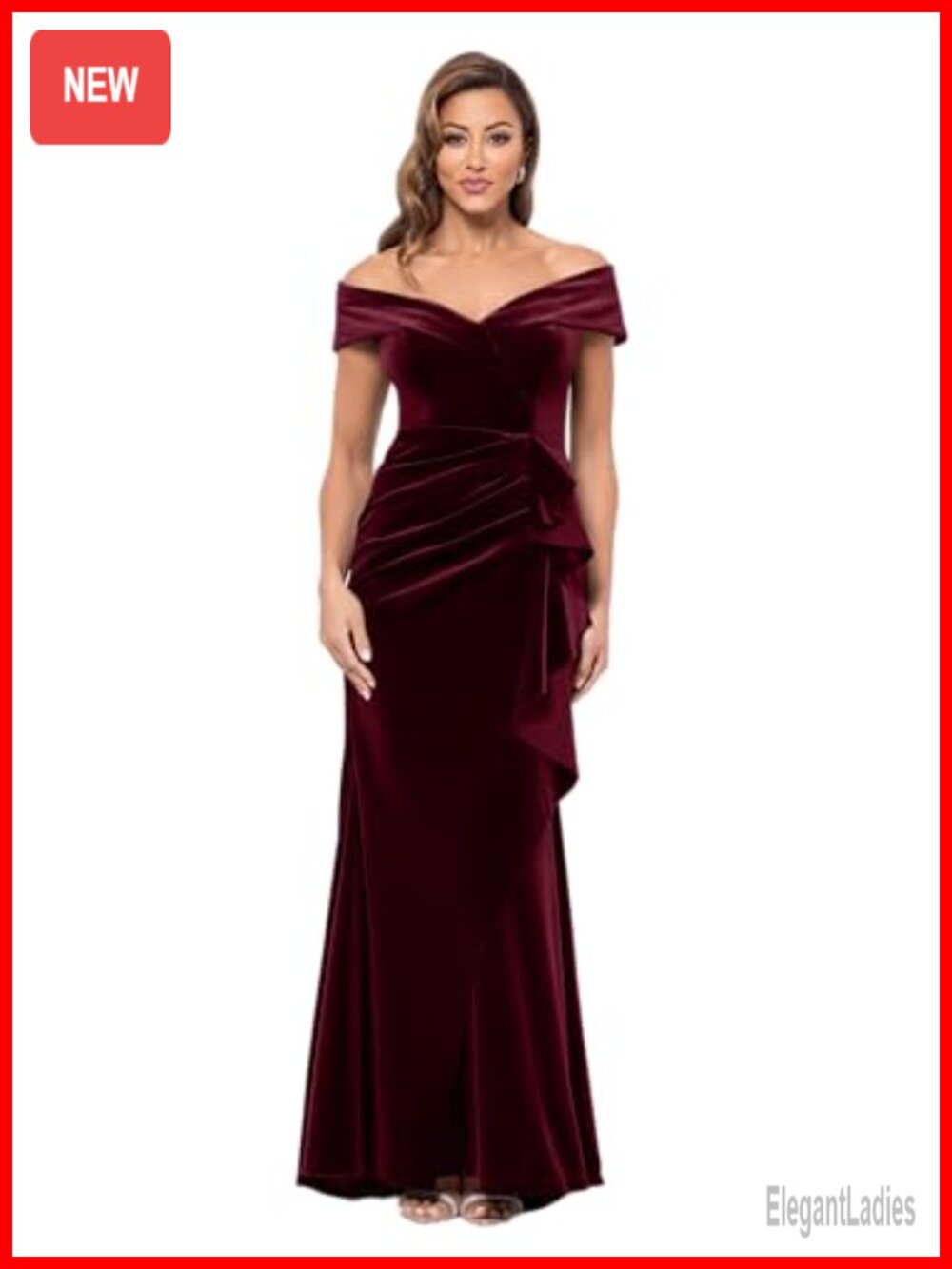 Velvet Off Shoulder Sweetheart Neckline Evening Gown Ruching Cascading Ruffle